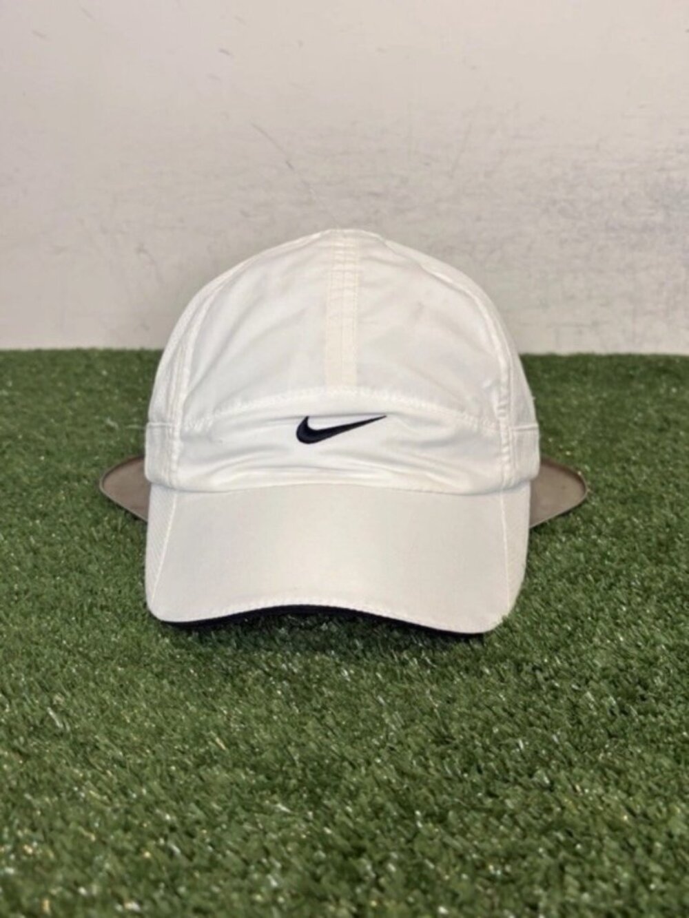 Vintage Nike hat cap strap back white black woosh tailwind panel mens y2K